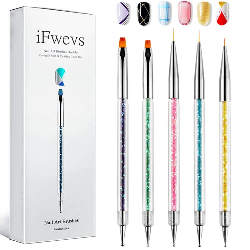 iFwevs Nail Art Brushes,5pcs Double Ended Brush & Dotting Tool Kit,Including Nail Liner Brush and Nail Dotting Pens for Nail Art Nail Salon - Image 1